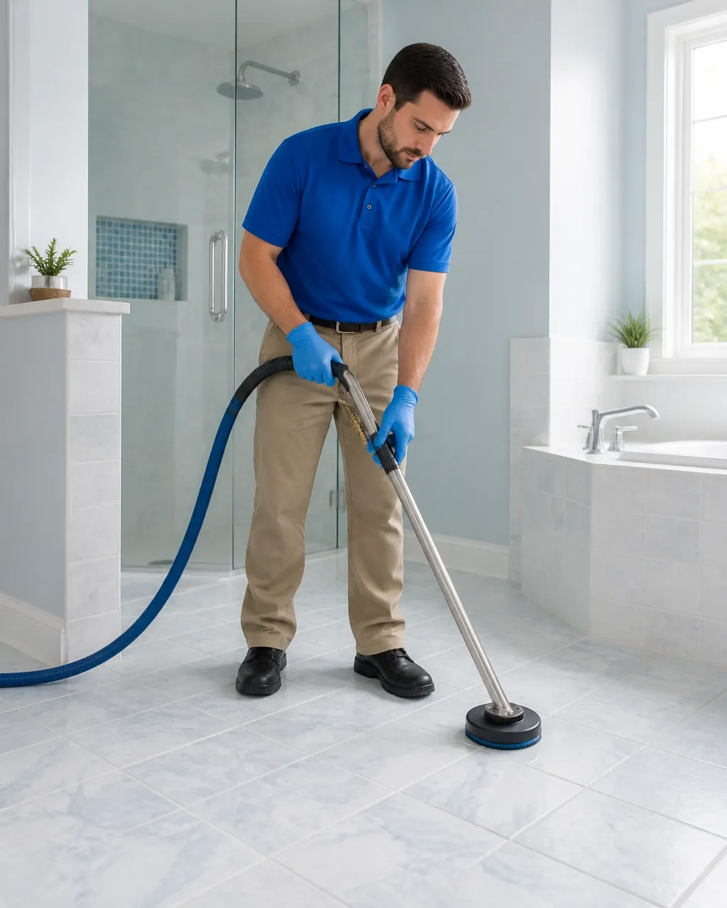 Technician in a blue polo shirt and khaki pants cleaning pale bathroom tile with a floor-cleaning tool